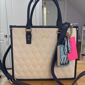 Betsey Johnson Beige Quilted Sardine Satchel with Navy Trim and Charm NWT
